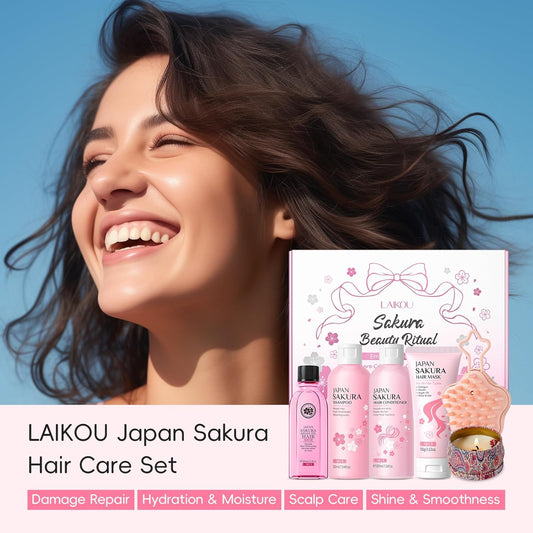 Laikou Sakura Hair Care Set, 6Pcs Unique Self Care Package, Shampoo, Conditioner, Hair Mask, Argan Oil Serum, Scalp Brush & Scented Candle, Christmas Birthday Pamper Gifts For Women Teenage Girl