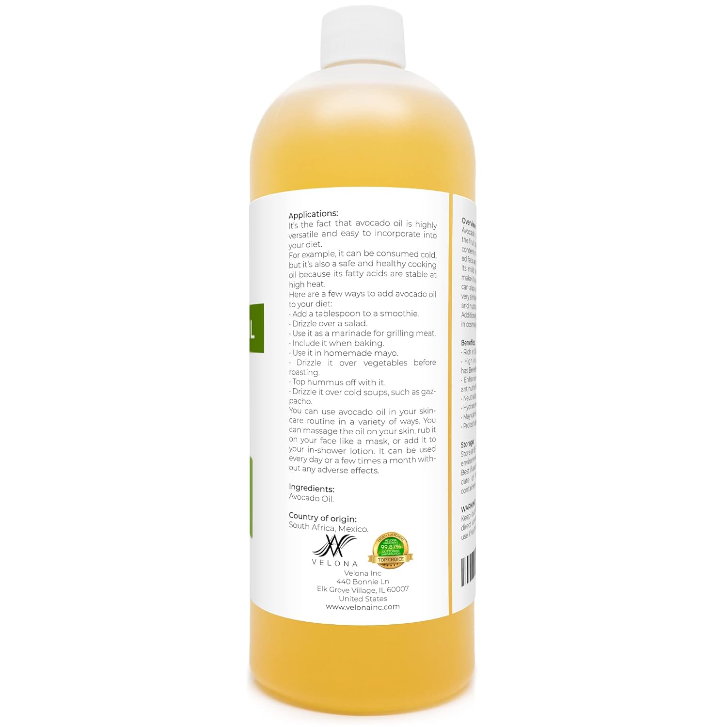 velona Avocado Oil 32 oz | 100% Pure and Natural Carrier Oil | Refined, Cold Pressed | Hair, Body and Skin Care | Use Today - Enjoy Results : Beauty & Personal Care
