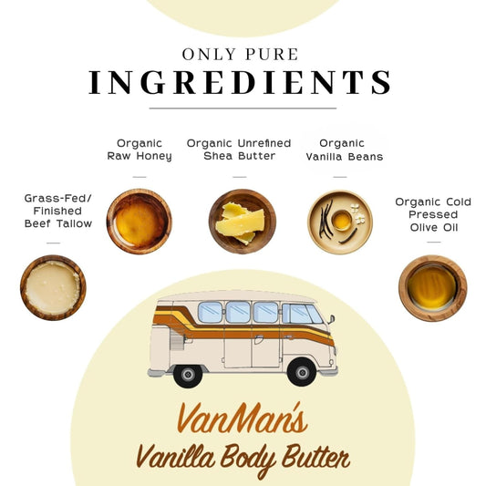 Vanman'S - Whipped Tallow - Body Butter With No Essential Oils - Body Moisturizer With Grass-Fed/Finished Beef Tallow For Skin - Organic Shea Butter, Cold Pressed Olive Oil And Raw Honey - 4 Oz