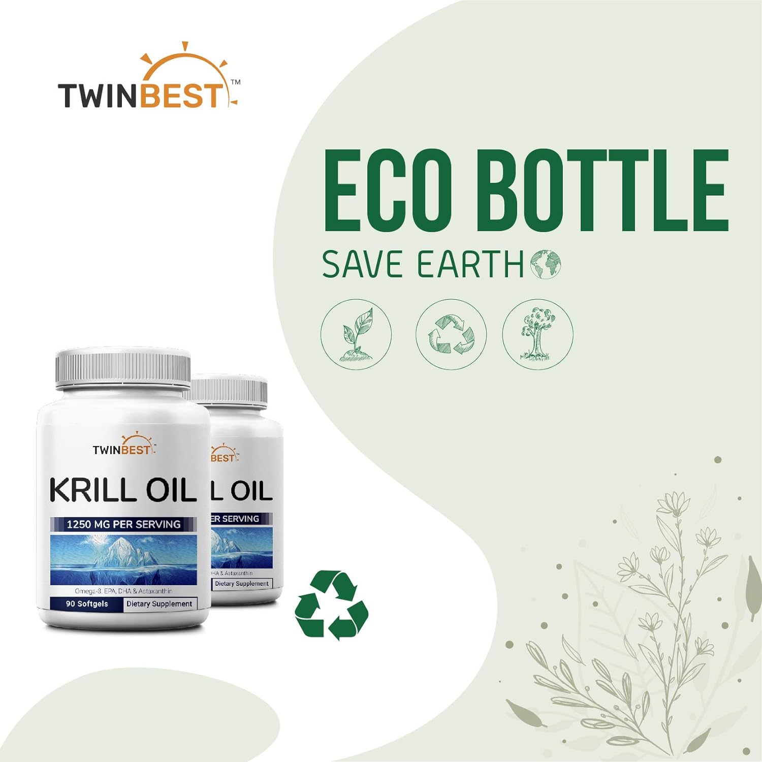 Twinbest Antarctic Krill Oil Softgels, 2-Pack, 1000mg Per Serving, 180