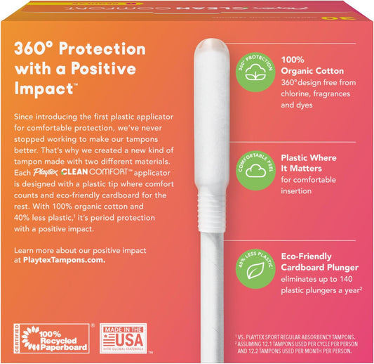 Playtex Clean Comfort Organic Cotton Tampons, Regular Absorbency, Fragrance-Free, Organic Cotton - 30Ct