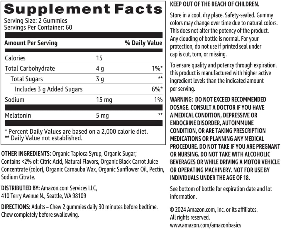 Amazon Basics Melatonin 5mg, 120 Gummies (2 per Serving), Strawberry (Previously Solimo) : Health & Household