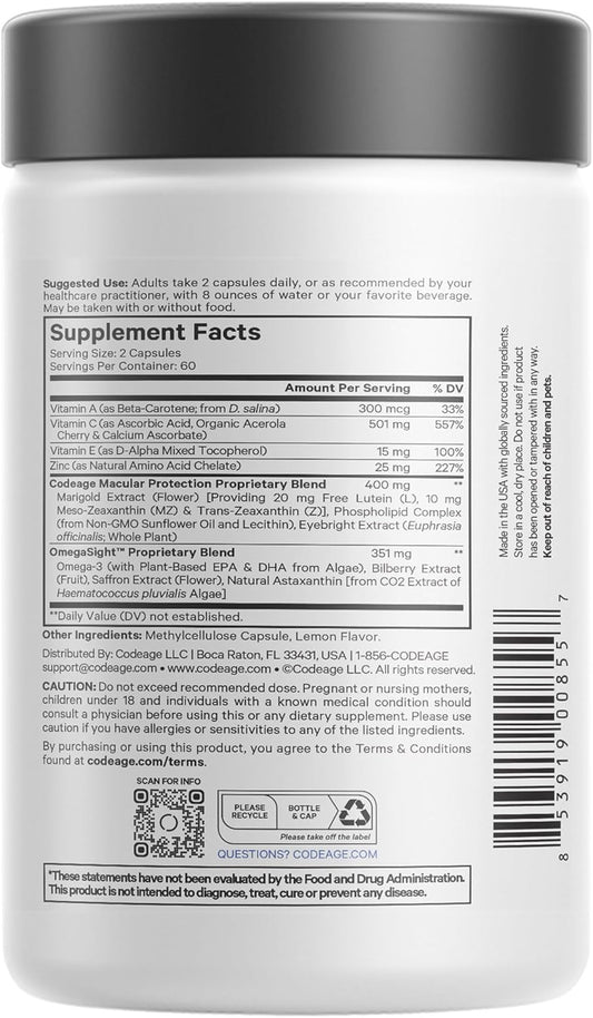 Codeage Eyes Vitamins - Areds 2 Based Formula Supplement - 2-Month Supply - Vitamins A, C, E, Zinc, Lutein, Astaxanthin, Zeaxanthin, Eyebright, Marigold, Bilberry, Saffron, Omega-3-120 Capsules