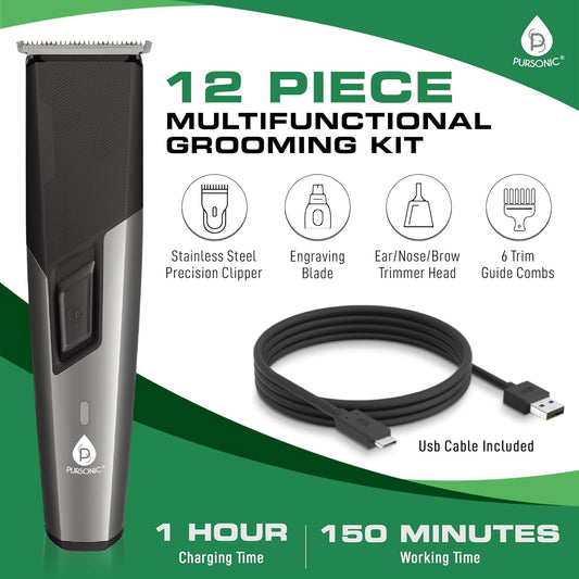 Pursonic Hair & Beard Trimmer For Men - 12 Piece Mario Lopez Cordless Rechargeable Beard Trimmer & Clippers For Men - All In One Grooming Kit For Beard, Face, Nose, And Ear Hair,Ideal Gifts For Men