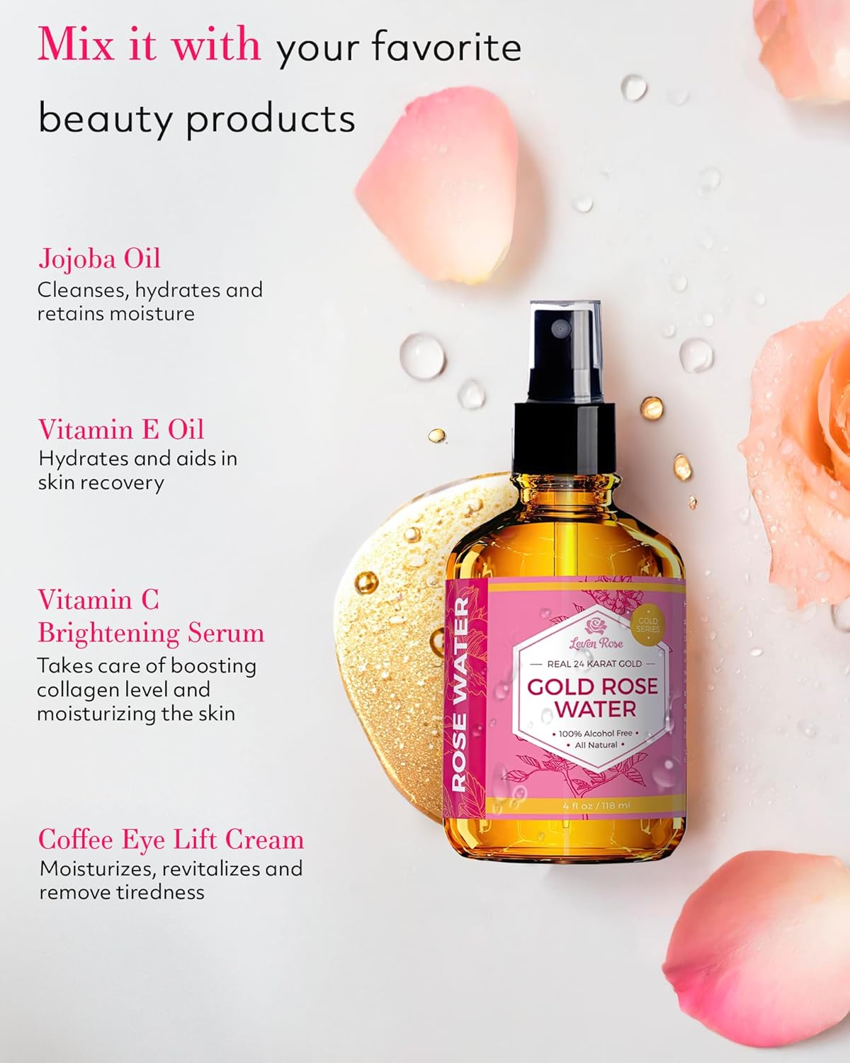 24 Karat Gold Rose Water Toner By Leven Rose Natural Moroccan 24K Rosewater Toner 4 Oz : Beauty & Personal Care