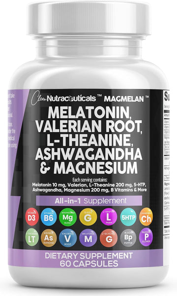 Clean Nutraceuticals Melatonin 10Mg Valerian Root 6000Mg L Theanine 200Mg Ashwagandha 4000Mg - Sleep Support For Women & Men With Magnesium Complex, Lemon Balm, Chamomile, & Passion Flower - 60 Caps