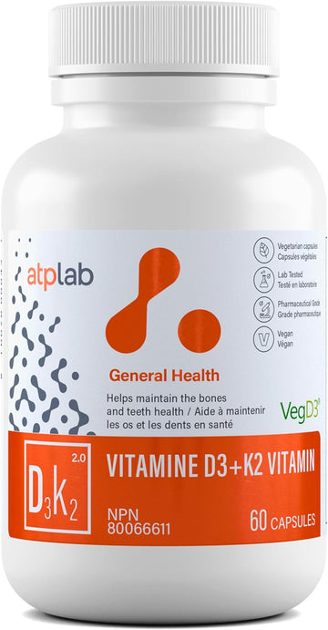 Atp Lab - Vitamin D3 K2 60 Capsules - K2 Mk-7 D3 Vitamin Supplement - Healthy Bones, Healthy Teeth, Healthy Muscle - Vit K2 D3 Supplement - Vegan D3 K2