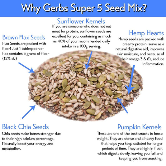 Gerbs Super 5 Seed Snack Mix 14 Oz. Premium Grade | Top 14 Food Allergy Free | Resealable Bulk Bag | Made In Usa | Raw Pumpkin Sunflower Chia Hemp Flax Seed Trail Mix | Gluten Peanut Tree Nut Free