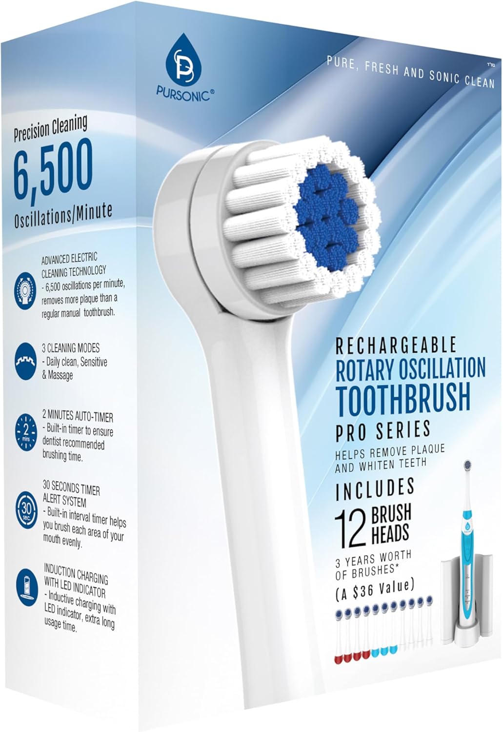 Pursonic S330 Deluxe Electric Toothbrush - Ultra Whitening Oscillating Rechargeable Battery Toothbrush For Adults With Dock Charger & 12 Brush Heads (Value Pack) (White) : Health & Household