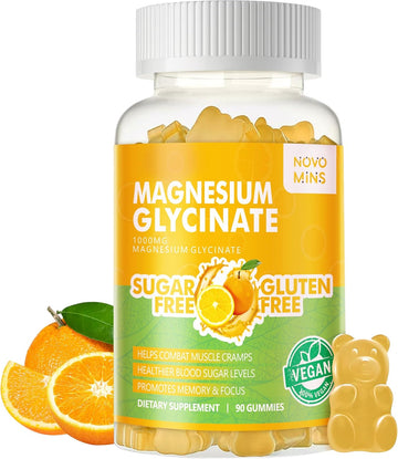 90 Ct Magnesium Glycinate Gummies 1000Mg - Sugar Free Magnesium Potassium Supplement With Vitamin D, B6, Coq10 For Calm Mood & Sleep Support - 90 Orange Gummies