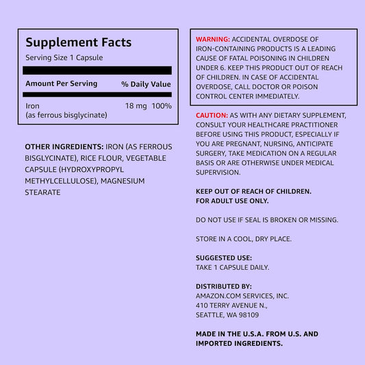 Amazon Elements Iron 18Mg Capsules, Supports Red Blood Cell Production, Vegan, 195 Count, 6 Month Supply (Packaging May Vary)