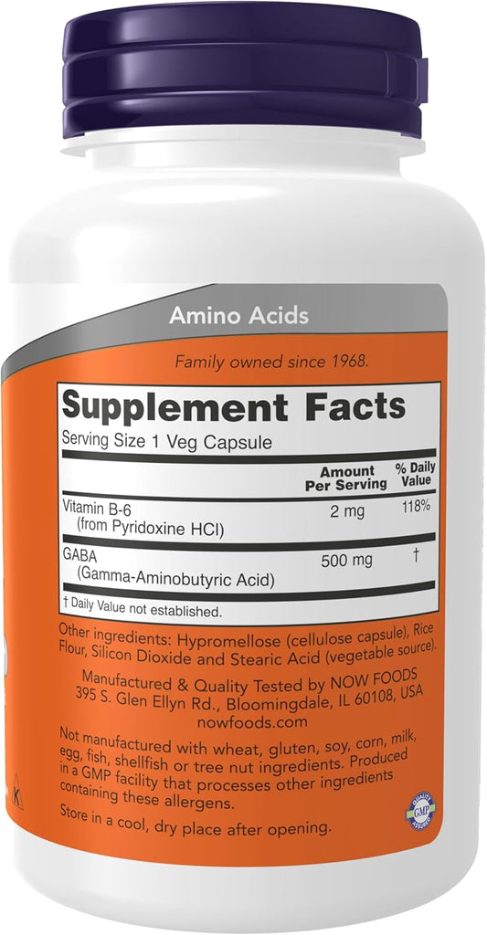 Now Foods Supplements, Gaba (Gamma-Aminobutyric Acid) 500 Mg + B-6, Natural Neurotransmitter*, 100 Veg Capsules