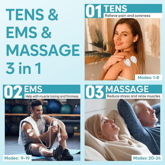 Easy@Home Electronic Tens Unit: Pain Relief Therapy - Ems Pulse Massager Rechargeable Machine - Dual Channel 24 Modes 20 Intensities 16 Pads Tens And Powered Muscle Stimulator Ehe020