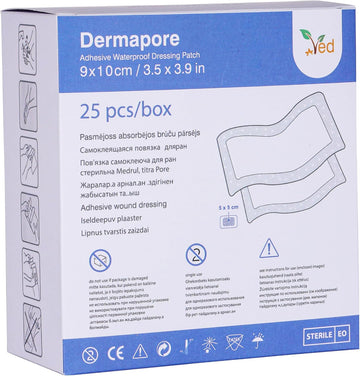 Ved Dermapore Waterproof Adhesive Wound Dressing- Suitable For Cuts And Grazes, Diabetic Leg Ulcers, Venous Leg Ulcers, Small Pressure Sores- Medium,9 X 25 Cm (Pack Of 5)