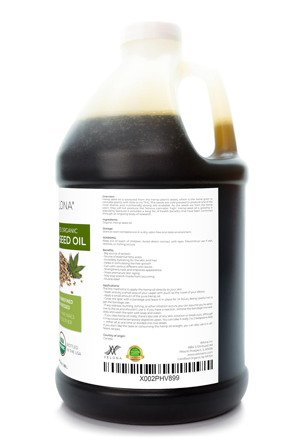 velona Hemp Seed Oil USDA Certified Organic - 64 oz | 100% Pure and Natural Carrier Oil | Unrefined, Cold Pressed