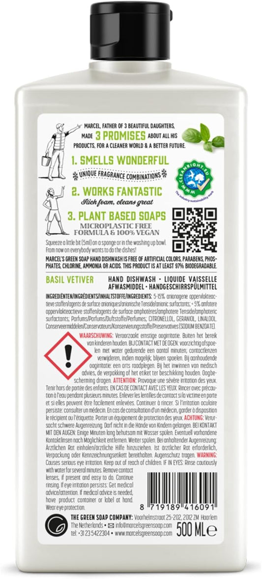 Marcel'S Green Soap - Washing Up Liquid Basil & Vetiver - Dishwashing Liquid - Vegan - Recycled Plastic - 97% Biodegradable - 500 Ml