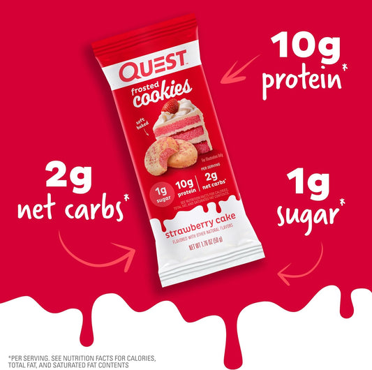 Quest Nutrition Frosted Cookies Twin Pack, Strawberry Cake, 1G Sugar, 10G Protein, 2G Net Carbs, Gluten Free, 16 Cookies