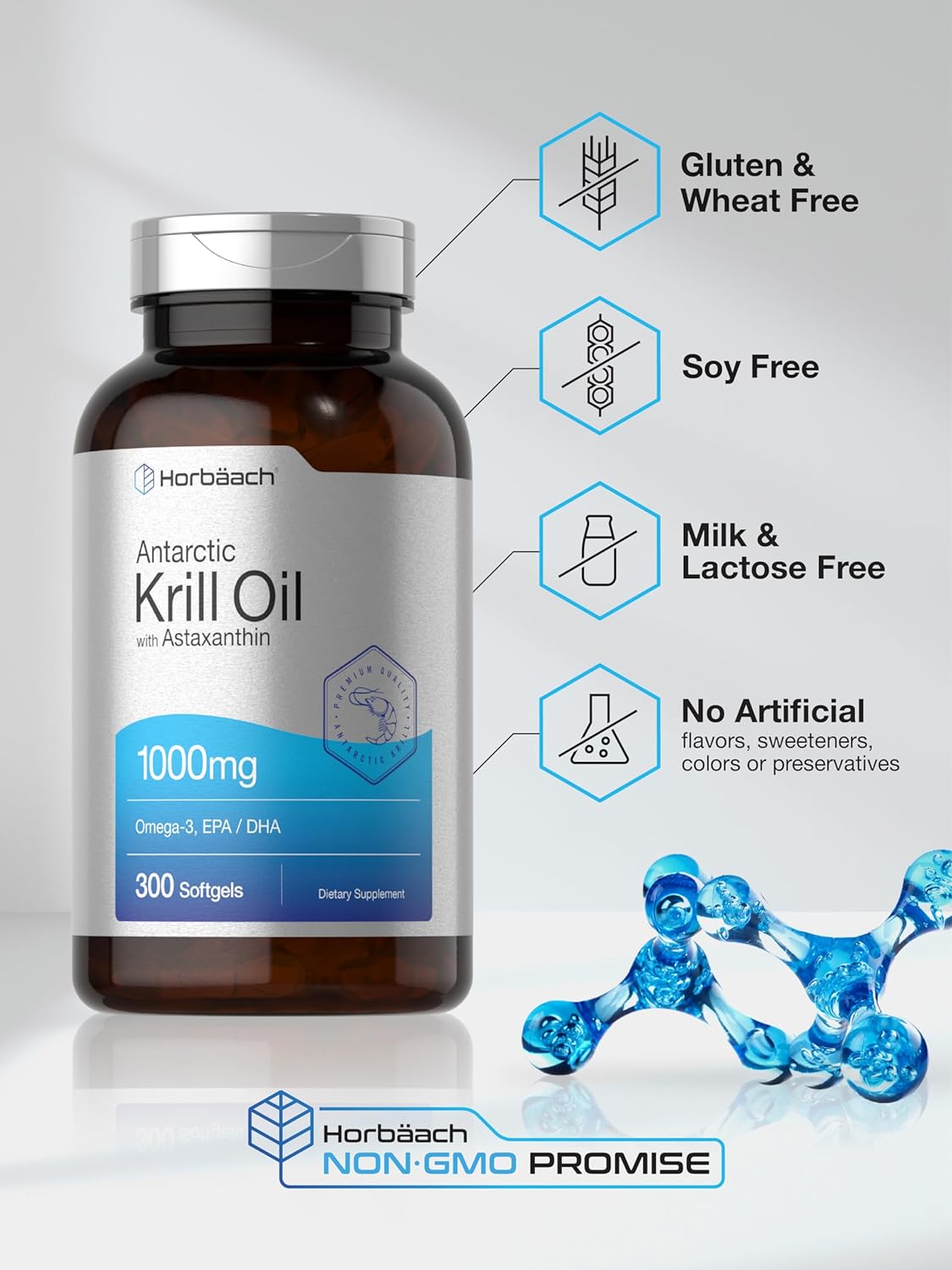 Horbäach Antarctic Krill Oil 1000mg | 300 Softgel Capsules | Omega 3, EPA, DHA Supplement | with Astaxanthin | Value Size | Non-GMO, Gluten Free : Health & Household