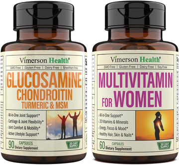 Vimerson Health Glucosamine Chondroitin Turmeric + Multivitamin For Women 2-Bottle Supplement Bundle For Her. Healthy Immune Response, Joint Support, Balanced Inflammation, Antioxidant Properties