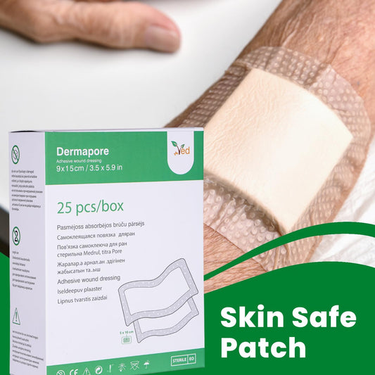 Ved Dermapore Adhesive Wound Dressing- Suitable For Cuts And Grazes, Diabetic Leg Ulcers, Venous Leg Ulcers, Small Pressure Sores- Medium,9 X 15Cm (Pack Of 25)