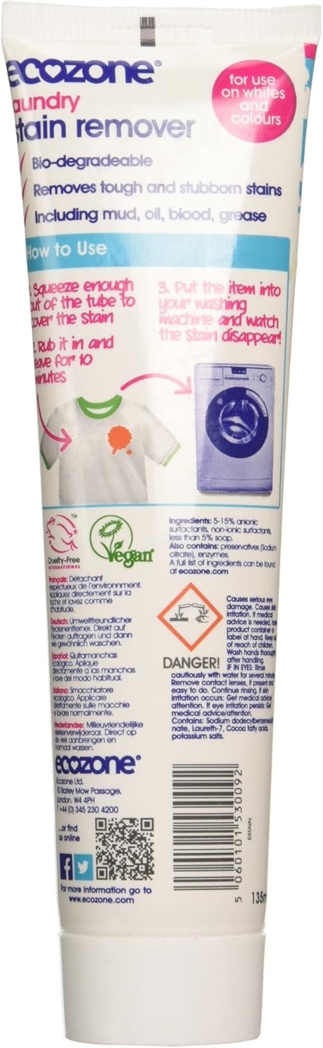Ecozone Laundry Stain Remover, 135Ml, Removes Tough And Stubborn Stains Including Oil, Grease And Blood