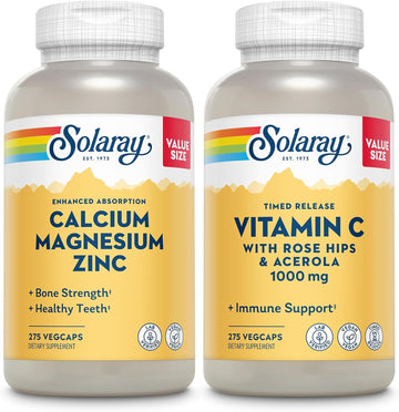 Solaray Calcium Magnesium Zinc And Timed Release Vitamin C - Bone Health, Immune Support Bundle, 1000Mg Calcium, 500Mg Magnesium, 1000Mg Vitamin C Supplement, Vegan, 60-Day Guarantee, 275 Vegcaps Each