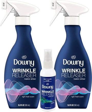 Downy Wrinkle Releaser Fabric Refresher Spray, Odor Eliminator, Ironing Aid And Anti Static Spray, Light Fresh Scent, 33.8 Fl Oz (Pack Of 2) + Travel Size Spray