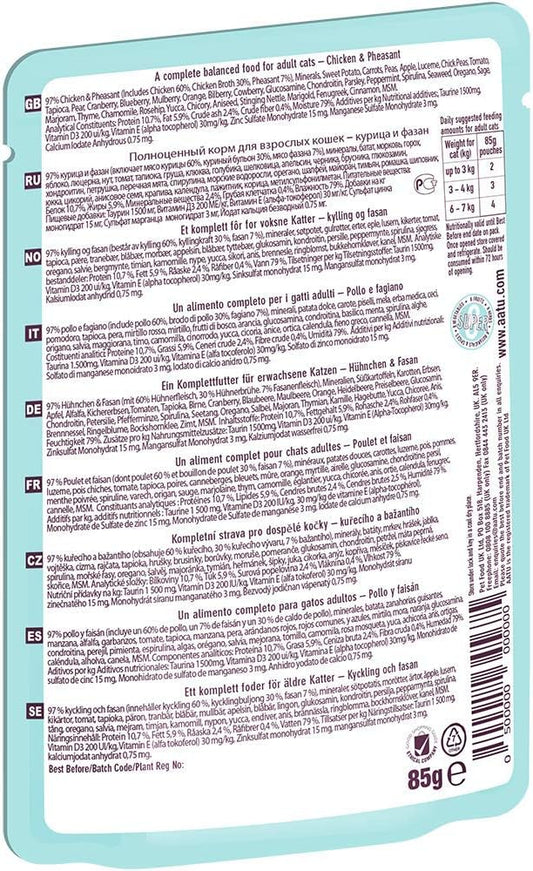 Aatu 97/3 Wet Cat Food - Chicken & Pheasant (10X85G) - Grain Free Recipe With No Artificial Ingredients - Easy Tear Pouches