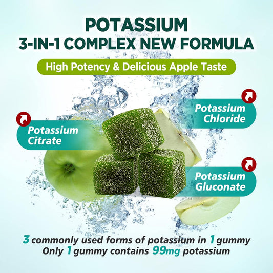 Potassium 3 In 1 Complex Gummies Sugar Free, New Formula With 99Mg Potassium Citrate, Potassium Chloride, Potassium Gluconate, Leg Cramps & Muscle Supplements, 60 Chewables