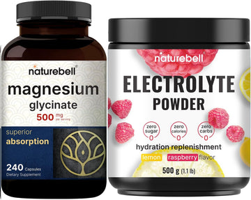 Naturebell Magnesium Glycinate Capsules 500Mg & Electrolyte Hydration Powder Bundle Pack | Chelated & Purified Mineral | Real Coconut Water Electrolytes