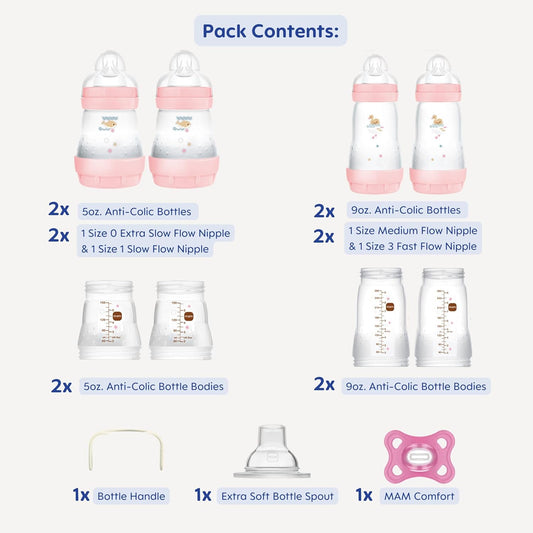 Mam Grow With Baby Feeding Set, Newborn Essentials Must Have For 0-3 Months, Anti-Colic Bottles, Pacifiers And Skinsoft Silicone Nipples, Baby Gift 11 Piece, Bpa Free For Girl