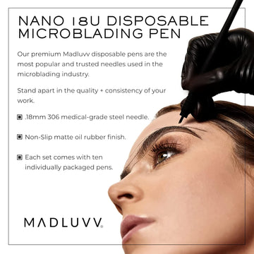 Madluvv Nano 18U Professional Brow Artistry Pens For Flawless Eyebrows, Premium Pens For Pigment Ink, 18Mm Sterile Disposable Micro Brow Sharp – 10 Pack