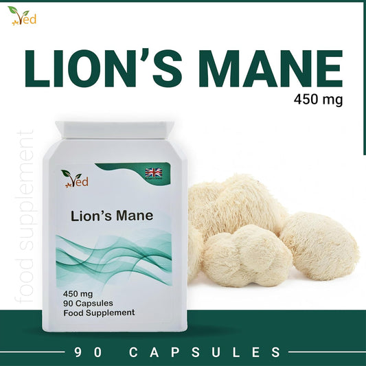 Ved Lion’S Mane Supplement 450Mg, Lion'S Mane Mushroom 15:1 Extract 90 Vegan Capsule (3 Months Supply)