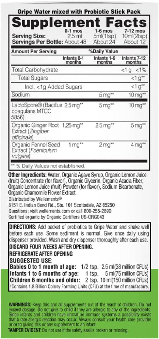 Wellements Certified USDA Organic Liquid Probiotic 4 Fl Oz, Gripe Water & Probiotics for Infant Digestion & Immune Health, Relief for Gas, Colic & Hiccups, Free from Dyes, Parabens, Preservatives
