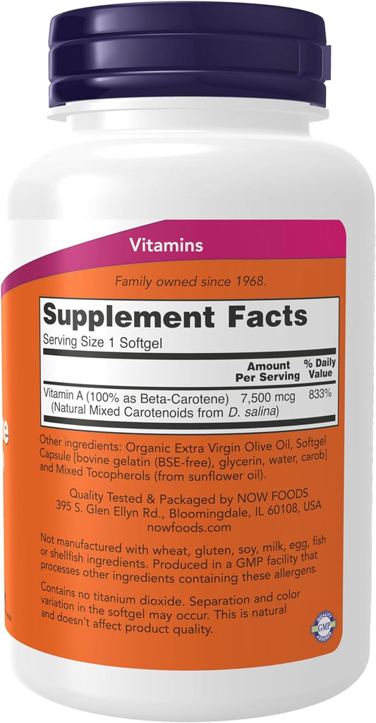 Now Supplements, Natural Beta Carotene 25,000 Iu, Essential Nutrition, 180 Softgels