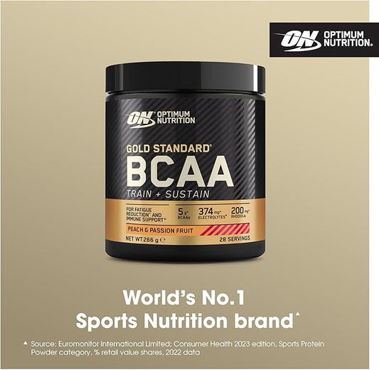 Optimum Nutrition Gold Standard Bcaa Train + Sustain, Amino Acids Pre Workout Powder, Sports Drink With Vitamin C, Zinc, Magnesium And Electrolytes, Peach & Passionfruit Flavour, 28 Servings, 266 G
