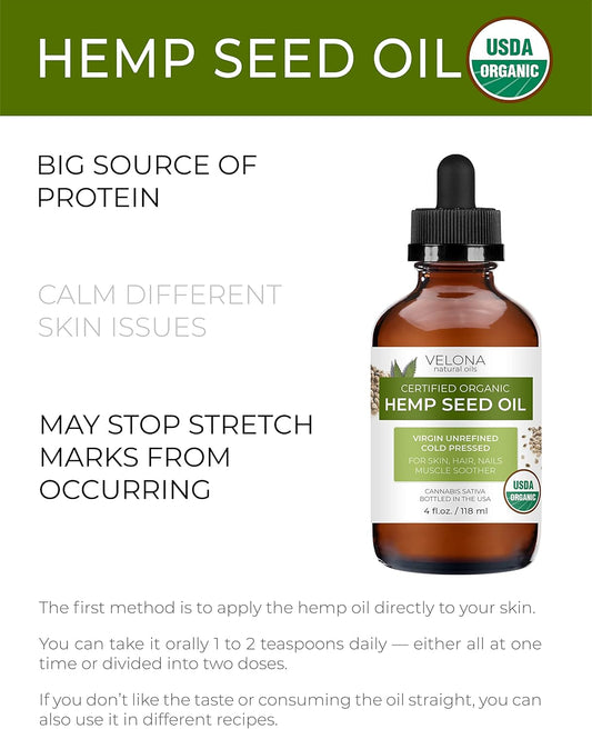 velona Hemp Seed Oil USDA Certified Organic - 4 oz | 100% Pure and Natural Carrier Oil | Unrefined, Cold Pressed | Hair, Body, Face & Skin Care | Use Today - Enjoy Results…
