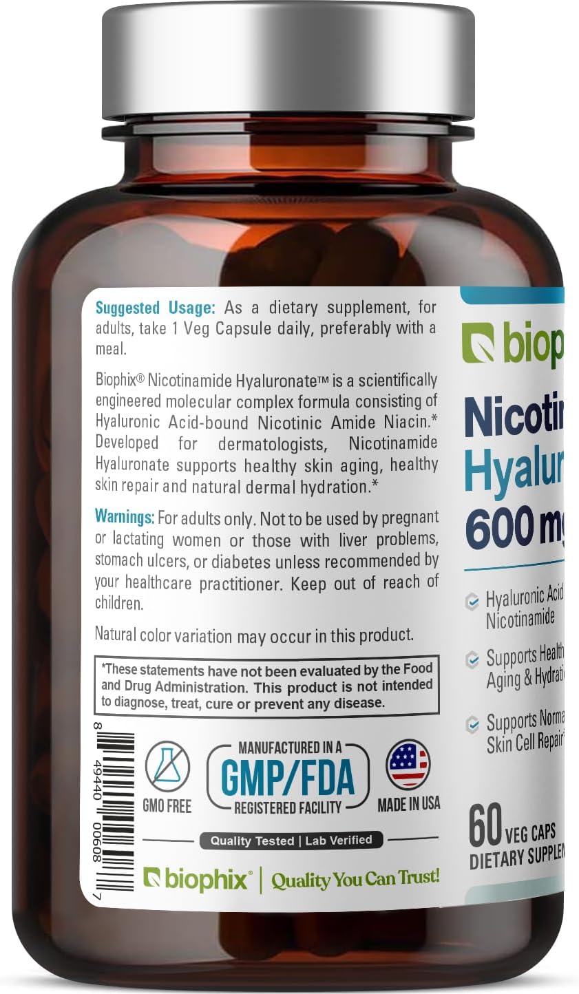 Nicotinamide Hyaluronate 600 Mg 60 Vcaps - Natural Flush-Free | Gluten-Free Nicotinic Amide Niacin | Hyaluronic Acid | Supports Skin Health | Healthy Cell Repair Support : Health & Household