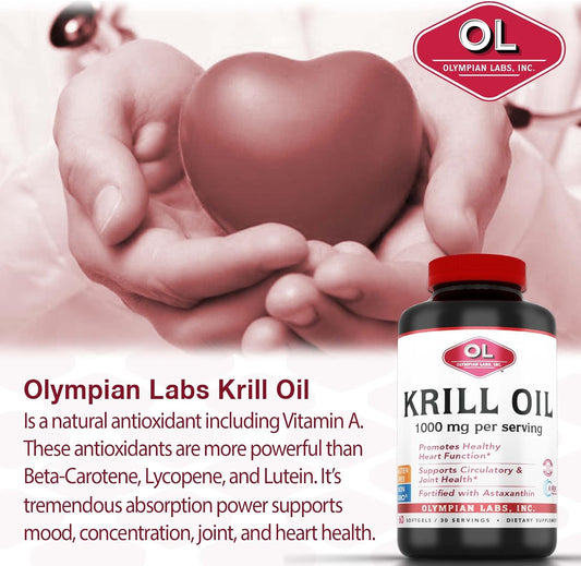 Olympian Labs Antarctic Krill Oil, 1000Mg Caps With Astaxanthin, Omega-3, Epa, Dha, Immune, Joint & Brain Support, 60 Softgels