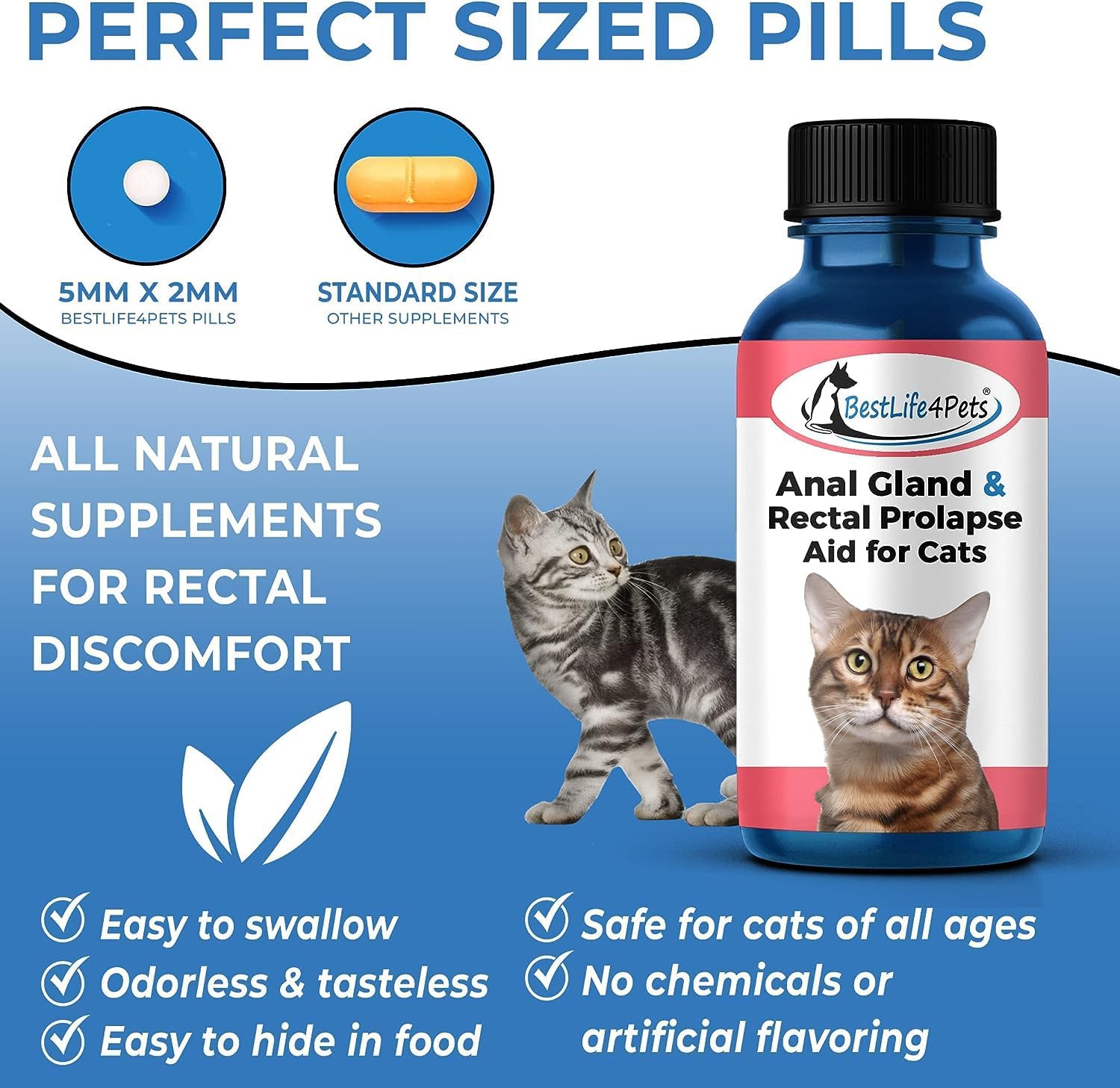 BestLife4Pets - Rectal Prolapse and Anal Gland Pain Relief for Cats - All Natural Cat Supplement to Ease Anal Pain - Support Healthy Anal Gland and Bowel Function Pills