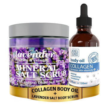 Dead Sea Collection Body Oil With Collagen (4 Fl.Oz) And Lavender Salt Body Scrub (23.28 Oz) With Organic Oils And Natural Dead Sea Minerals - Bundle