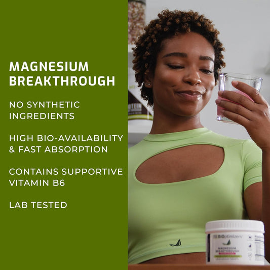 BiOptimizers Magnesium Breakthrough Drink Raspberry Lemonade - 8 Forms of Magnesium: Glycinate, Malate, Citrate, and More - Natural Sleep and Brain Supplement ? 6 oz (30 Servings)