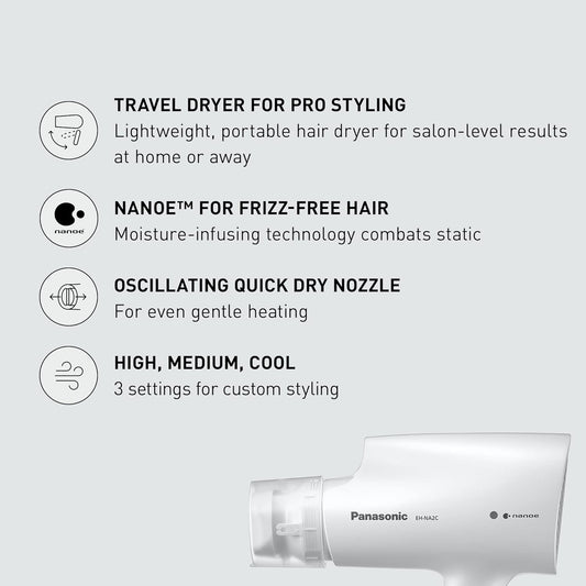 Panasonic nanoe Salon Hair Dryer with Oscillating Quick Dry Nozzle, Folding Hair Dryer for Travel and Home, 3 Airflow Settings for Easy Styling and Healthy Hair - EH-NA2C-W (White)