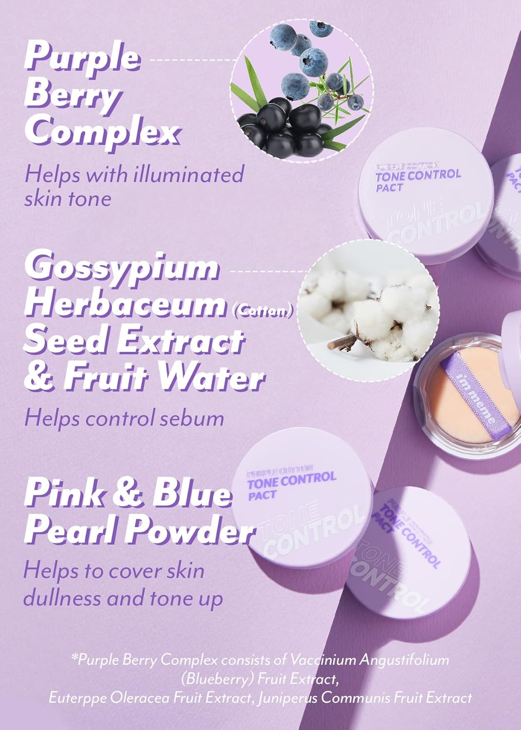 I'M Meme Compact - Purple Cotton Tone Control Pact | Korean Pressed Powder With Purple Berry Complex, Mineral, Translucent, For Blurring Effect, Setting Powder For Makeup, Valentine Day Gift, 0.33 Oz