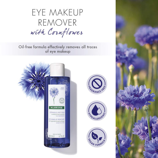 Klorane - Eye Makeup Remover With Organically Farmed Cornflower - For Sensitive Skin - Free Of Oil, -Fragrance, & Sulfates - 6.7 Fl. Oz