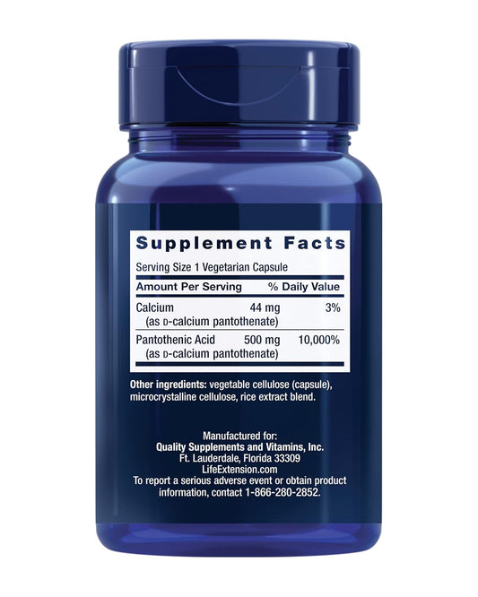 Life Extension Pantothenic Acid 500 Mg – Pantothenic Acid With Calcium Supplement – Essential B Vitamin For Optimal Health - Once Daily - Gluten-Free, Non-Gmo, Vegetarian – 100 Capsules
