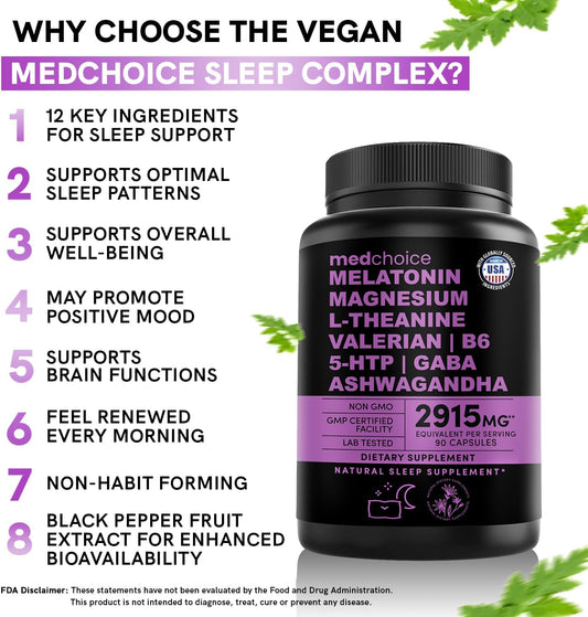 12-In-1 Melatonin Capsules - Melatonin 5Mg Natural Sleep Aids For Adults - Magnesium Glycinate 500Mg, Ashwagandha, L Theanine, Valerian Root, Gaba, 5-Htp, Sleep Supplement For Adults (90 Ct)