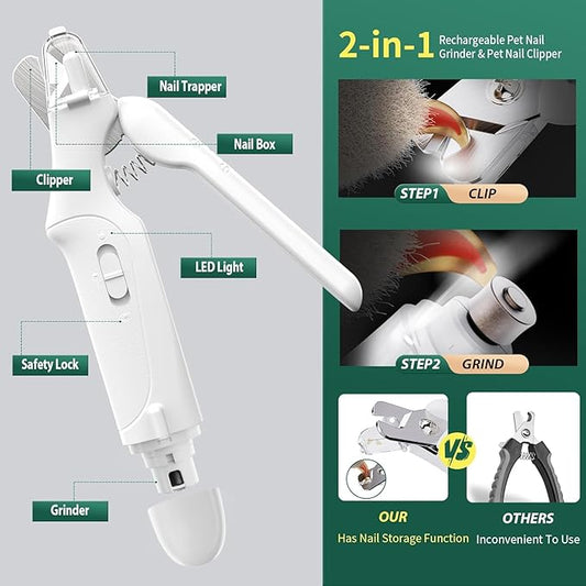 2-in-1 Dog Nail Grinder & Clippers, Quick Sensor & Safety Guard, USB Rechargeable with 2 LED Lights ā White