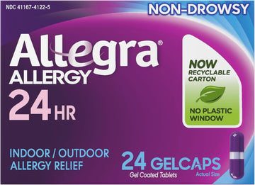 Allegra Adult 24-Hour Allergy Relief Gelcaps, Non-Drowsy Indoor And Outdoor Allergy Medicine, 180 Mg Fexofenadine Hci Antihistamine Pill, 24-Count