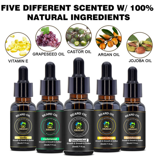 Xikezan 5 Pack Beard Oil Set W/Sandalwood, Orange, Vanilla, Cedarwood, Unscented For Beard Care, Moisturizing, Soften,Birthday Gifts For Men Him Dad Husband Christmas Gifts Stocking Stuffers